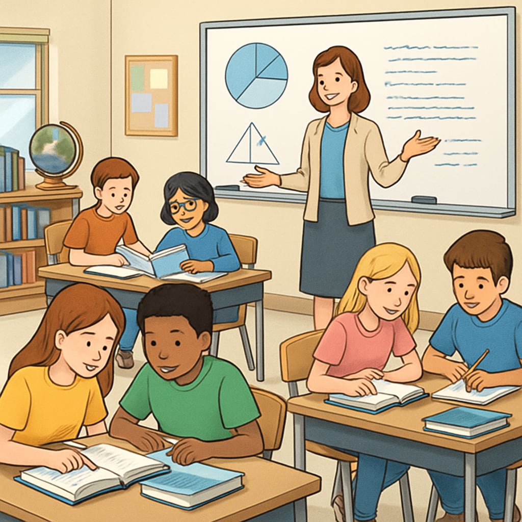 A classroom with students engaging in collaborative learning activities to prepare for international education. Classroom activities preparing students for international education during K12.