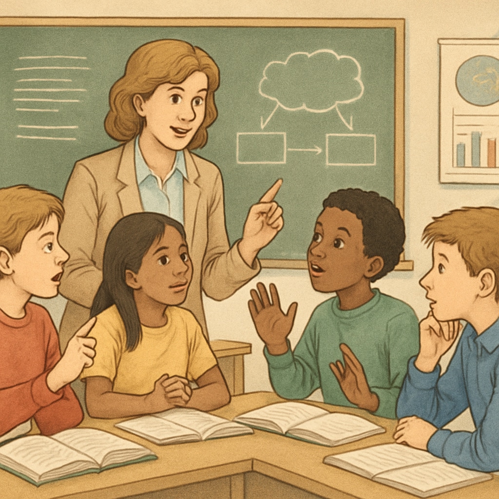A teacher facilitating a group discussion to highlight critical thinking skills.