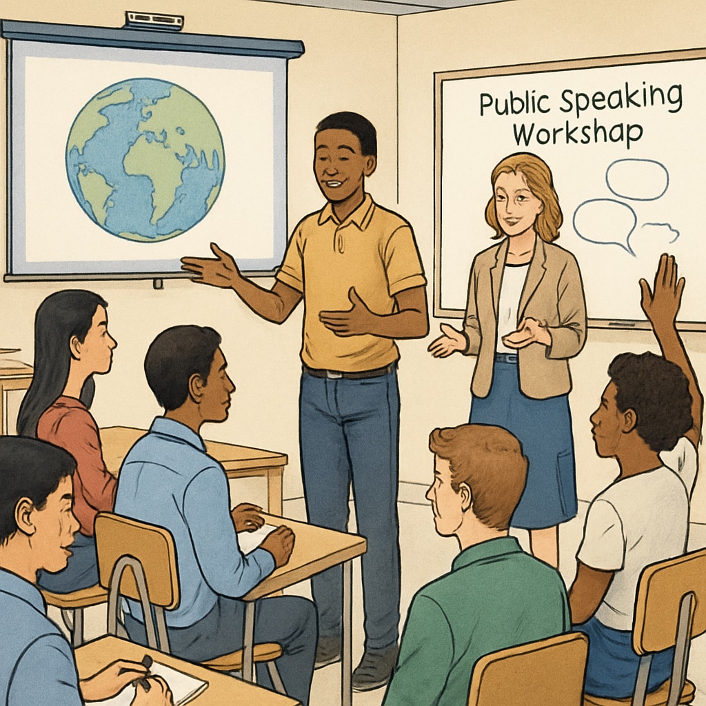 Students participating in a public speaking workshop aimed at developing communication skills for international education. Public speaking workshop for students preparing for international education.