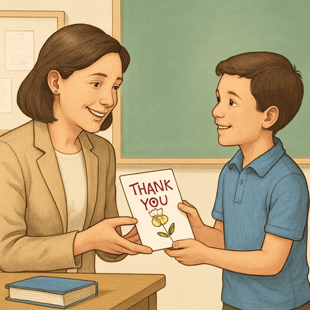 An image showing a teacher receiving a heartfelt thank-you card from a student, symbolizing gratitude in education. A teacher receiving a thank-you card from a student, symbolizing student gratitude and teacher influence in education.