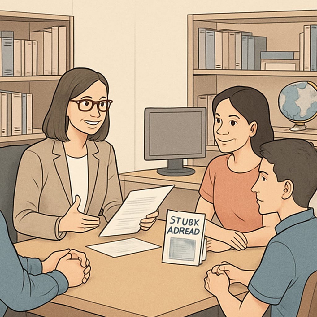 A professional counselor discussing study abroad options with a family in an office setting. Counselor explaining US graduate study options to K12 students and their family.