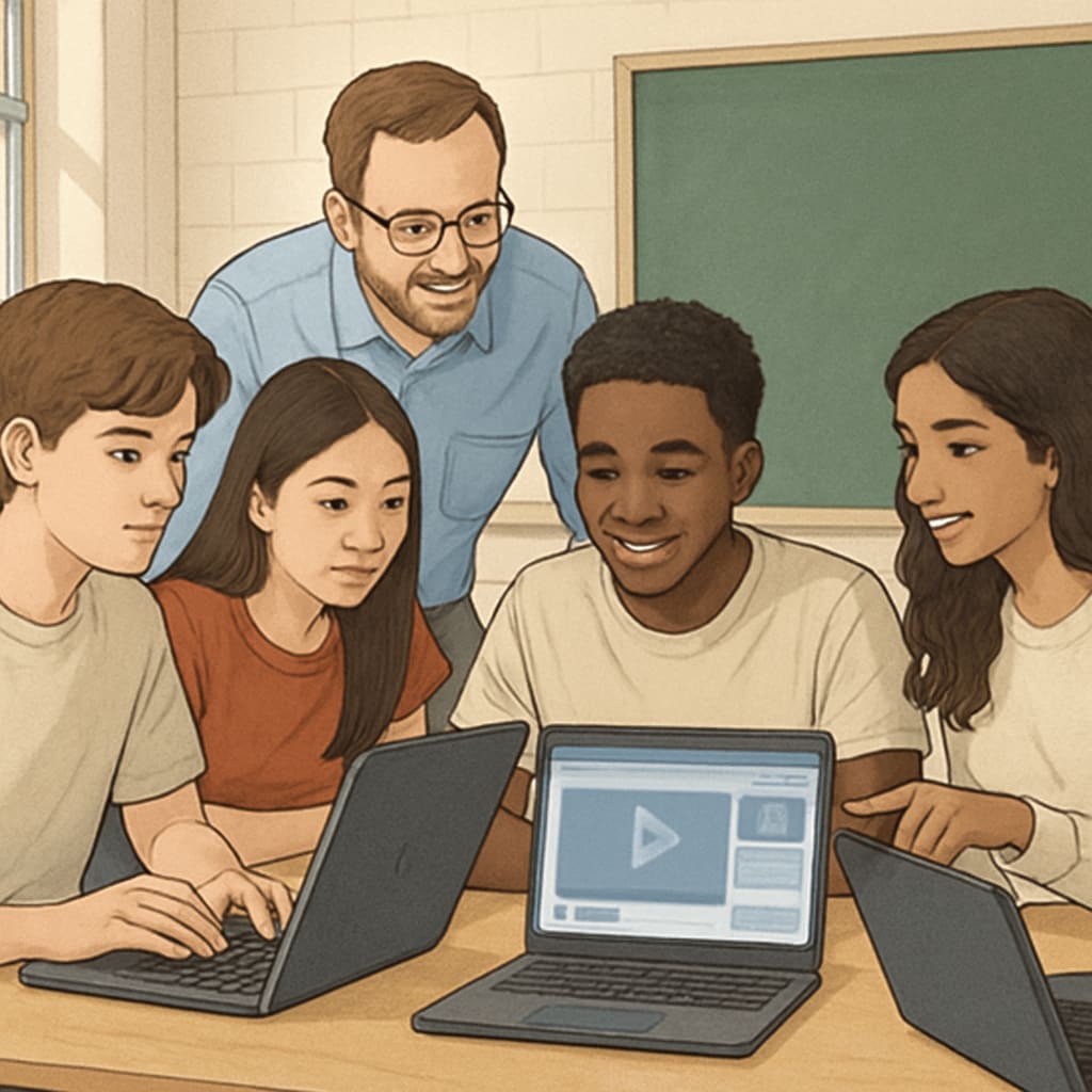 A diverse classroom of high school students working collaboratively on laptops, with a teacher guiding them in analyzing digital media content. Students using AI tools to enhance media literacy and critical thinking in a classroom setting.