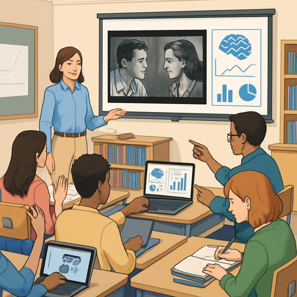 A high school classroom setting where students are actively analyzing film clips using AI-powered tools. The image reflects engagement and collaboration among students. High school students analyzing films using AI media literacy tools.