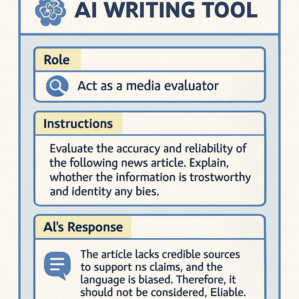 A visual example of an AI writing tool interface, displaying a role-based prompt for students to practice media evaluation and critical thinking. AI writing tool interface showcasing prompts for media literacy and critical thinking.