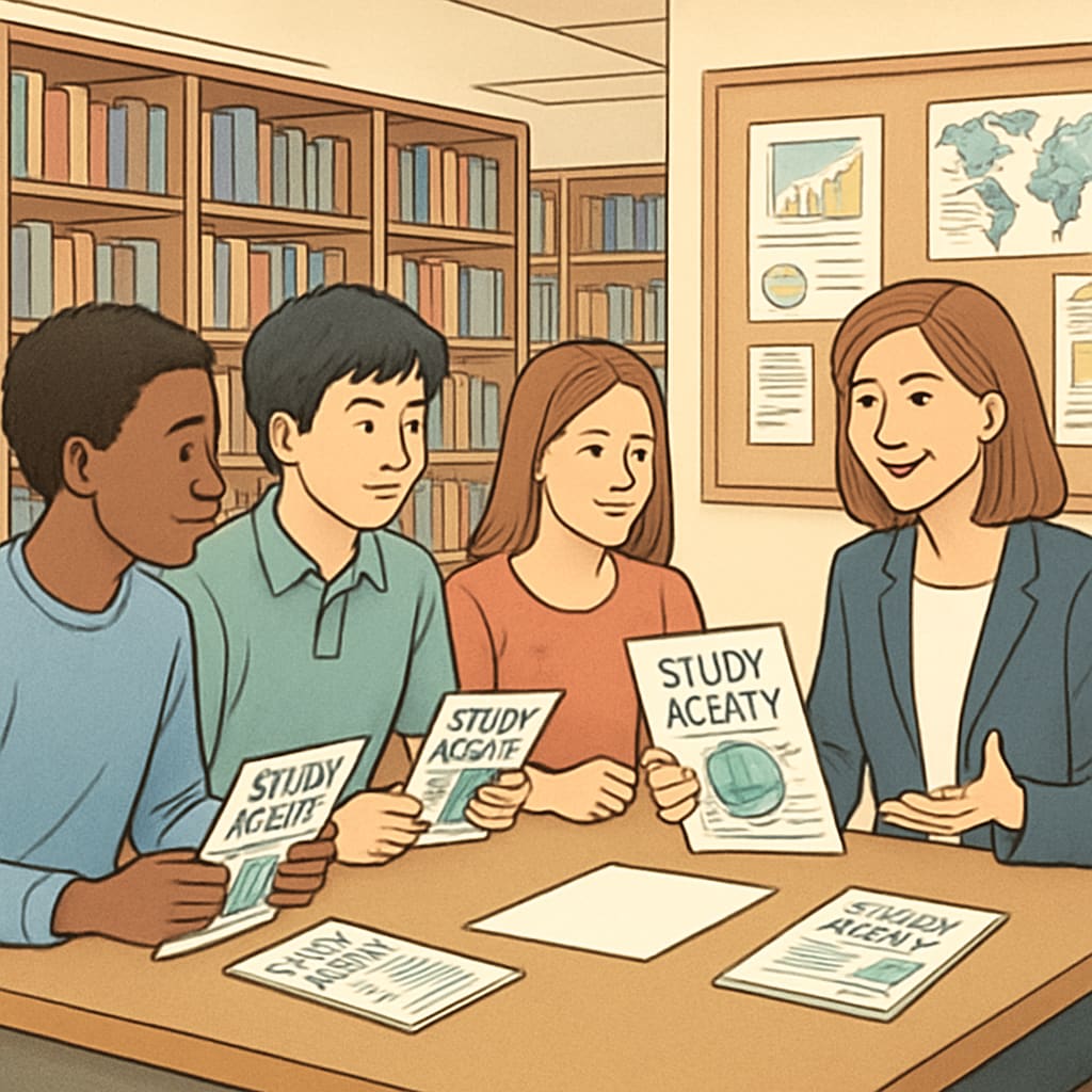 Students reviewing study agency brochures with a counselor at a library. K12 students exploring US graduate study brochures with an advisor.