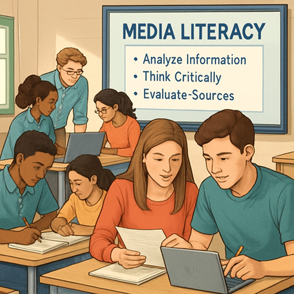Groups of high school students working on media literacy assignments, with AI-generated prompts displayed on a smartboard. The image highlights teamwork and the use of technology. Students collaborating on media literacy projects with AI writing prompts.