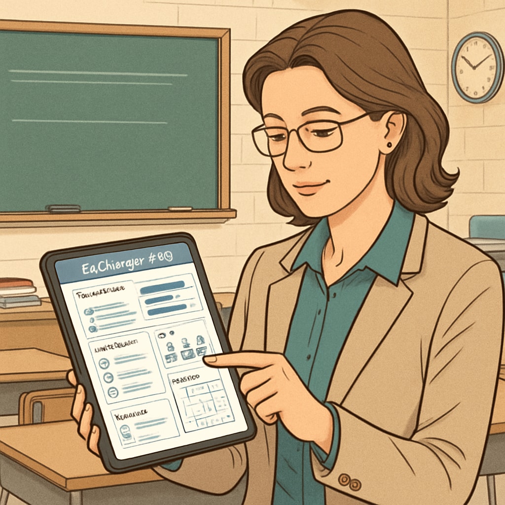 A teacher using EdChanger Pro on a tablet to manage classroom tasks efficiently. Teacher utilizing EdChanger Pro for classroom management and teaching efficiency.