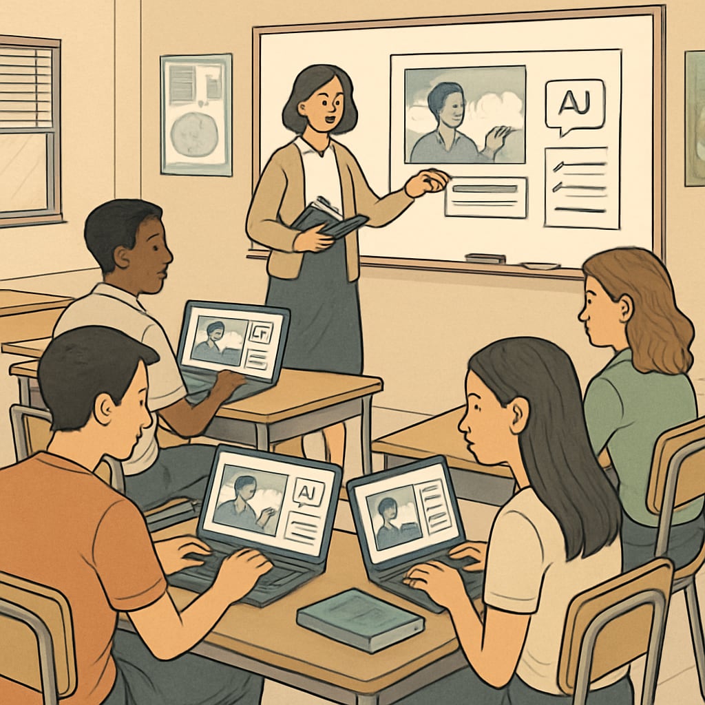 A high school classroom where students are using laptops to analyze media content, illustrating the integration of AI tools in education. High school students analyzing media content with the help of AI tools.