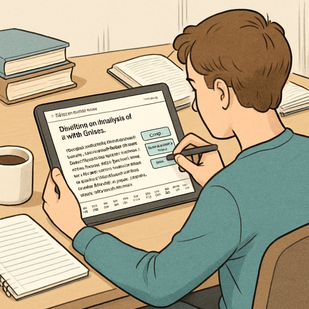 A student using an AI-powered writing assistant on a tablet to draft an analysis of a film scene, highlighting the tool's interactive capabilities. Student utilizing an AI writing assistant to analyze a film scene.