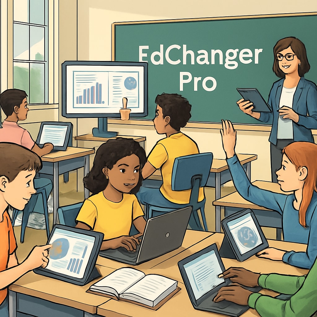 A vibrant classroom setting where students are actively engaging with digital tools integrated via EdChanger Pro. Classroom where students and teacher interact using EdChanger Pro's digital resources.