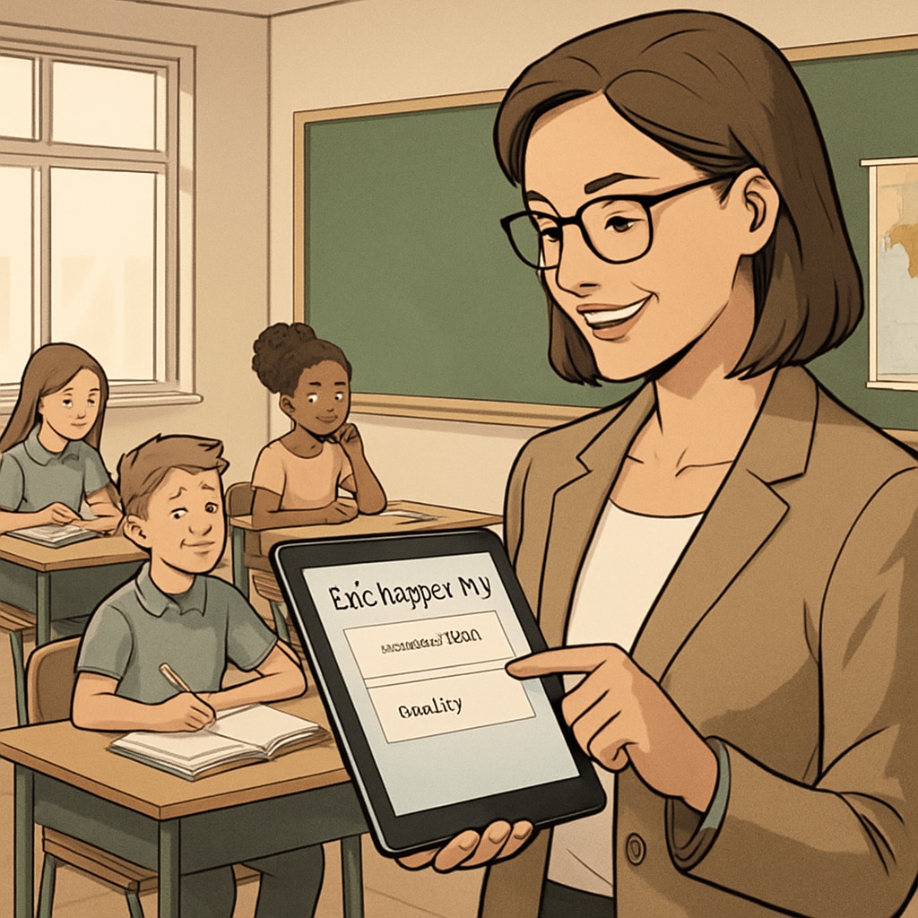 A teacher using a tablet with EdChanger Pro in a classroom setting. The tool simplifies lesson planning and grading. Teacher using EdChanger Pro education application in a classroom.
