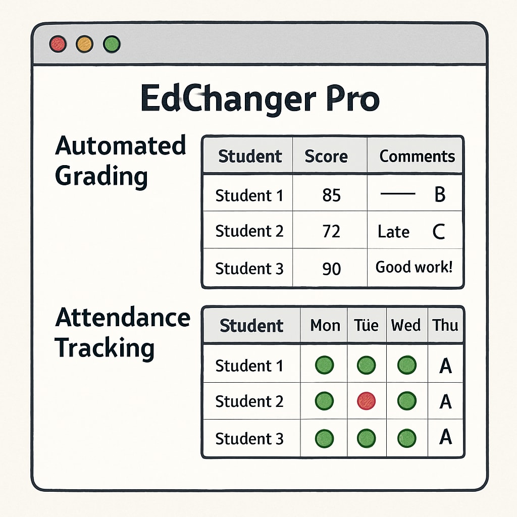 A close-up of the EdChanger Pro interface, highlighting its key features like automated grading and attendance tracking. EdChanger Pro interface showcasing teacher tools and smart features.