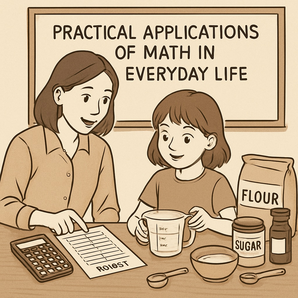 A parent explaining the practical applications of math to their child, with examples like budgeting and cooking. Parent teaching math applications like budgeting and cooking to inspire learning motivation.