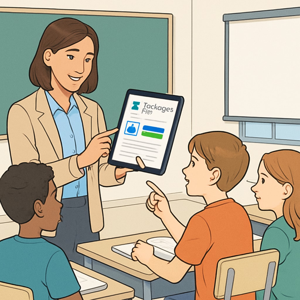 A high-resolution image of a teacher using EdChanger Pro on a tablet while interacting with students in a modern classroom. Teacher using EdChanger Pro in a classroom setting to enhance teaching quality.