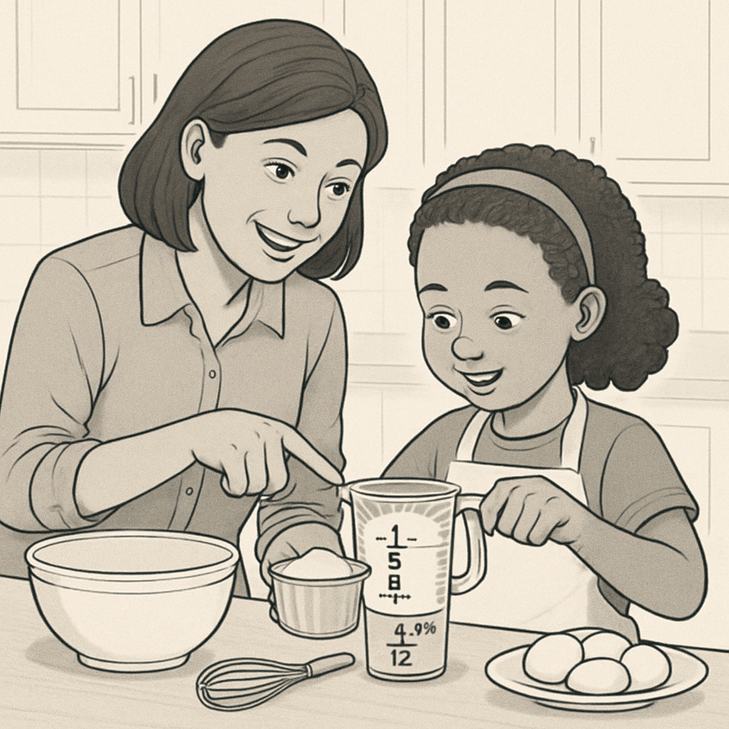 A mother and child baking together, with the child measuring flour while the mother explains fractions. A mother teaching her child math concepts through baking.
