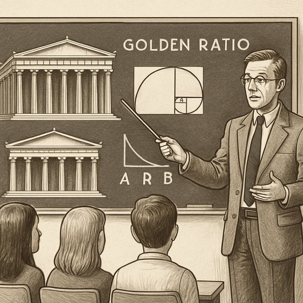 A teacher pointing to architectural examples like the Parthenon to explain the golden ratio to students. Teacher using architectural examples to teach about the golden ratio and its significance.