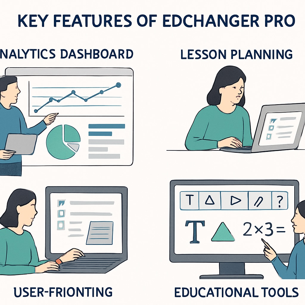A digital rendering illustrating various EdChanger Pro features, such as analytics dashboards and interactive lesson planning screens. Digital features of EdChanger Pro displayed on a device screen.
