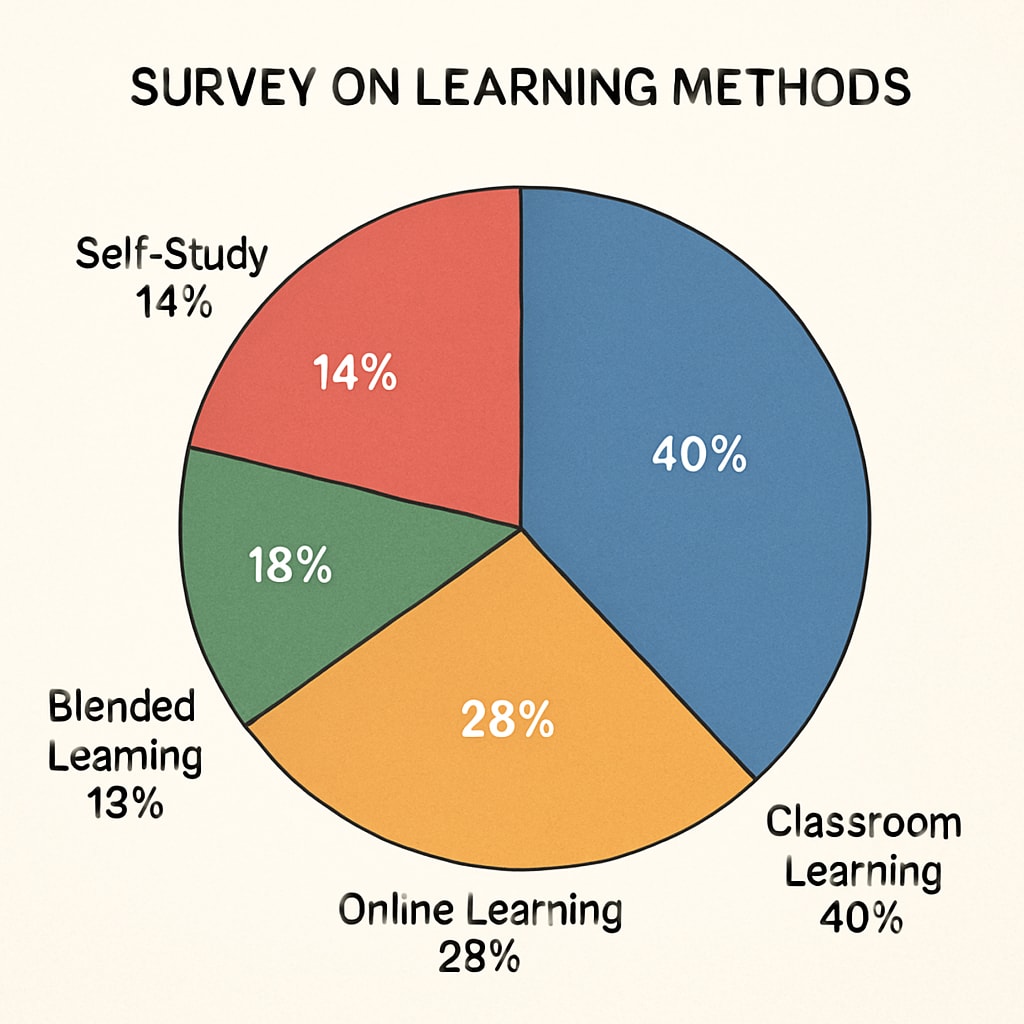 A pie chart showing data from previous surveys on learning methods, illustrating key trends. A pie chart visualizing trends in learning methods based on previous research surveys.
