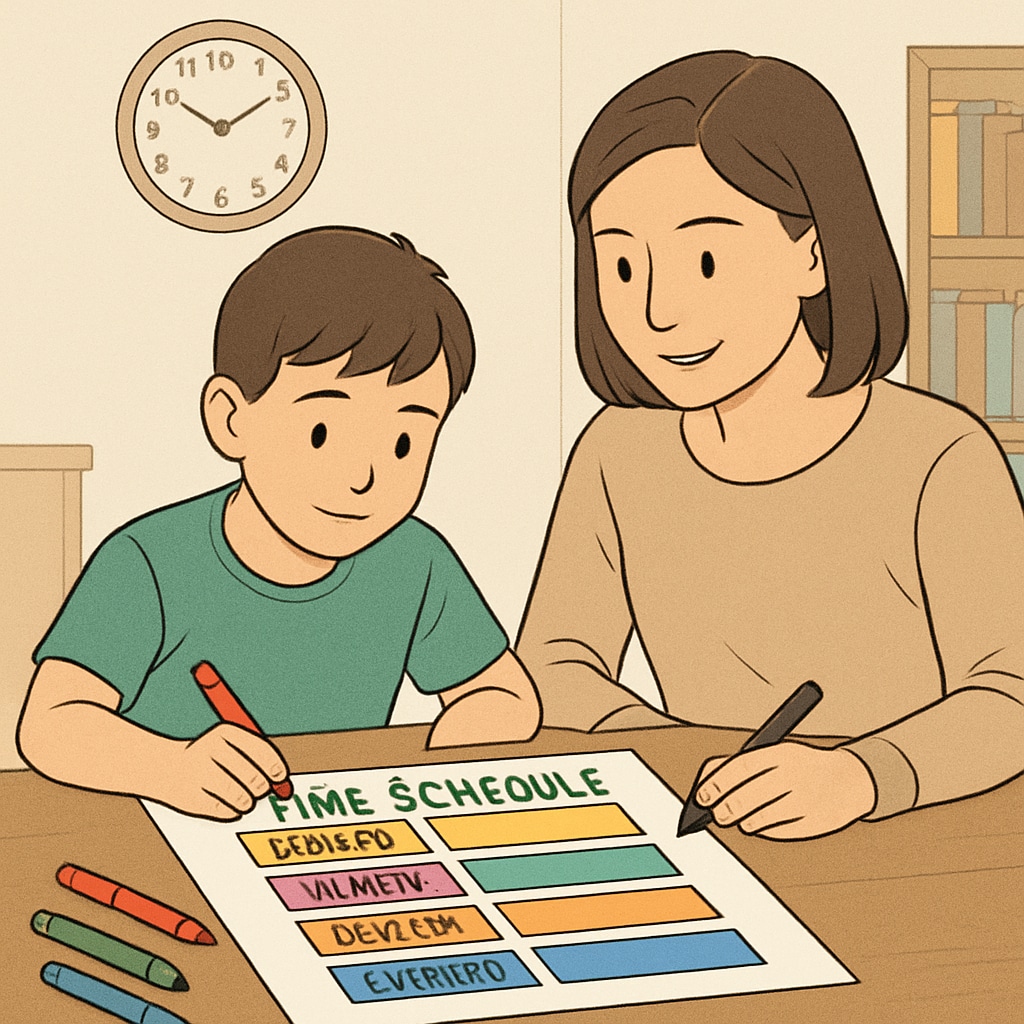 A child and parent working together on a visual schedule to improve time management. Child and parent using a visual schedule for executive function support in ADHD.