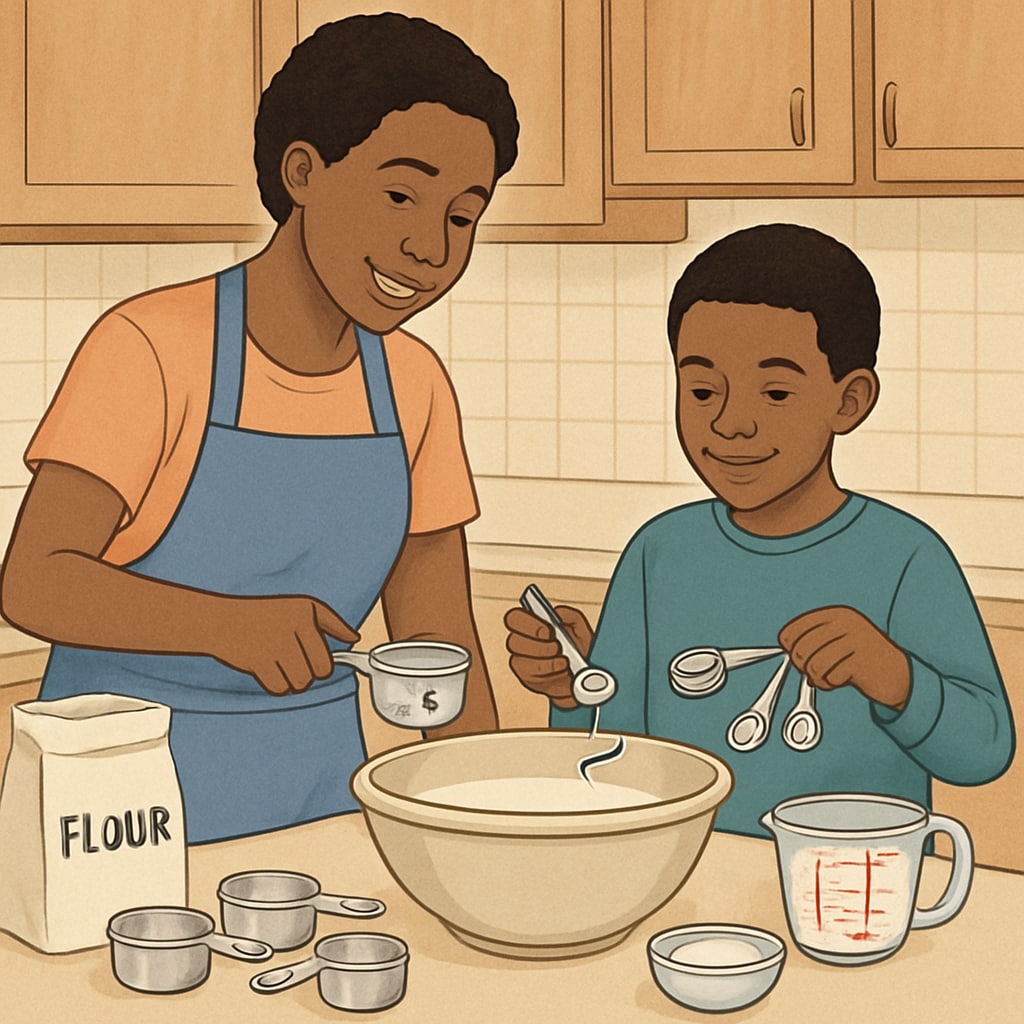 A parent and child cooking together, measuring ingredients with cups and spoons. This image connects math to everyday life, emphasizing practical applications. Parent and child measuring ingredients while cooking, showcasing math's practical uses.