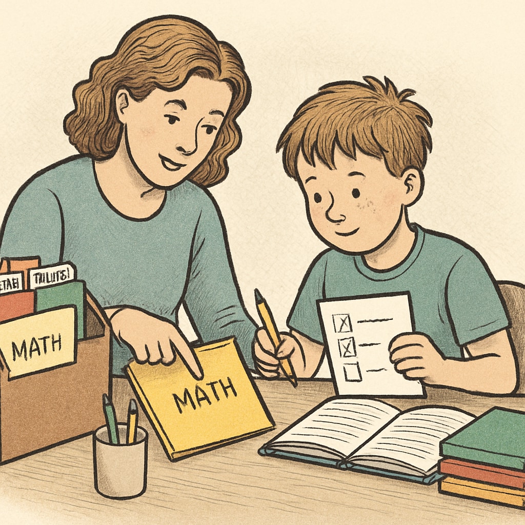 A parent assisting a child with ADHD to organize school materials; the image illustrates strategies to support executive function. Parent helping child with ADHD organize materials to improve executive function.