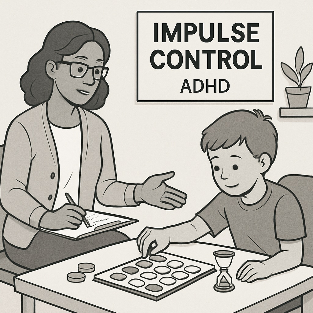 A therapist working with a child with ADHD on impulse control exercises. Therapist helping a child with ADHD develop impulse control skills.