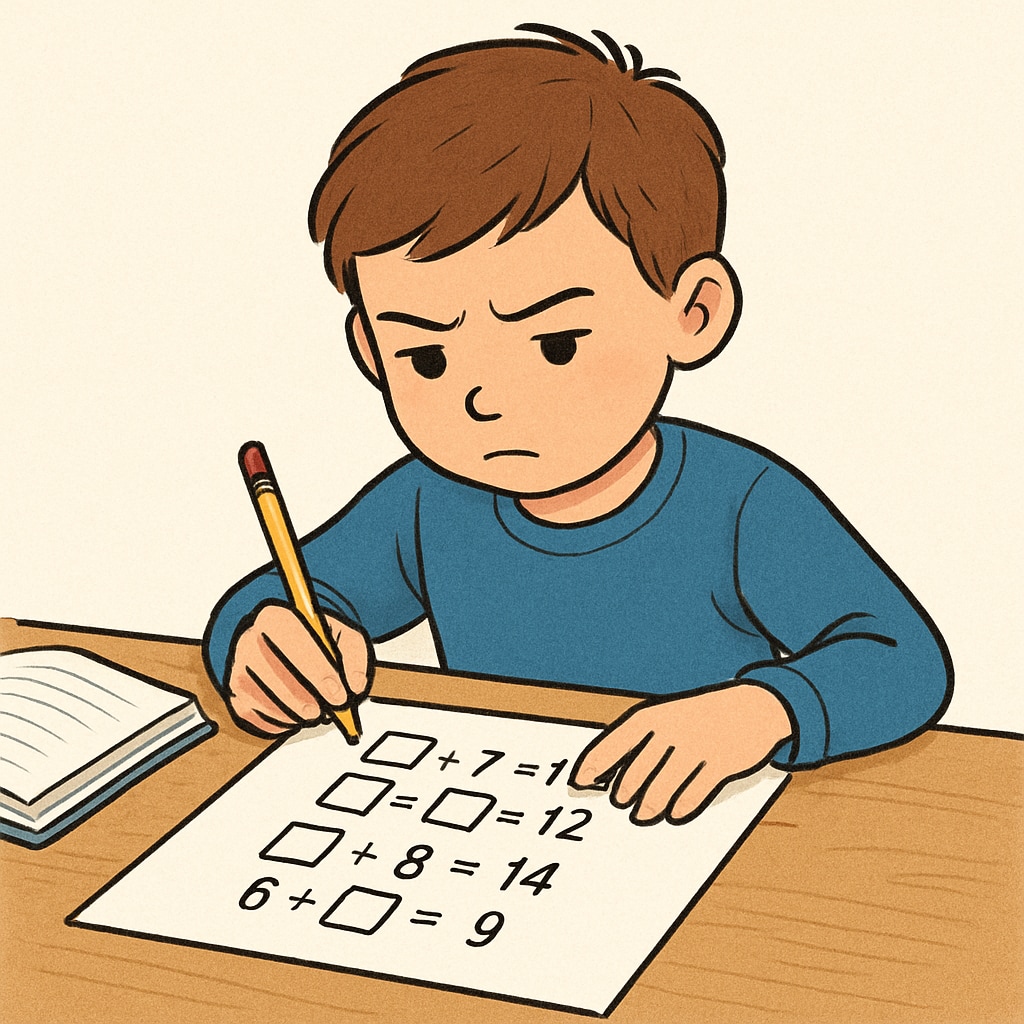 A child working on a math puzzle or brain teaser, showcasing concentration and problem-solving. This image highlights the cognitive benefits of learning math. Child solving a math puzzle, emphasizing critical thinking and problem-solving skills.