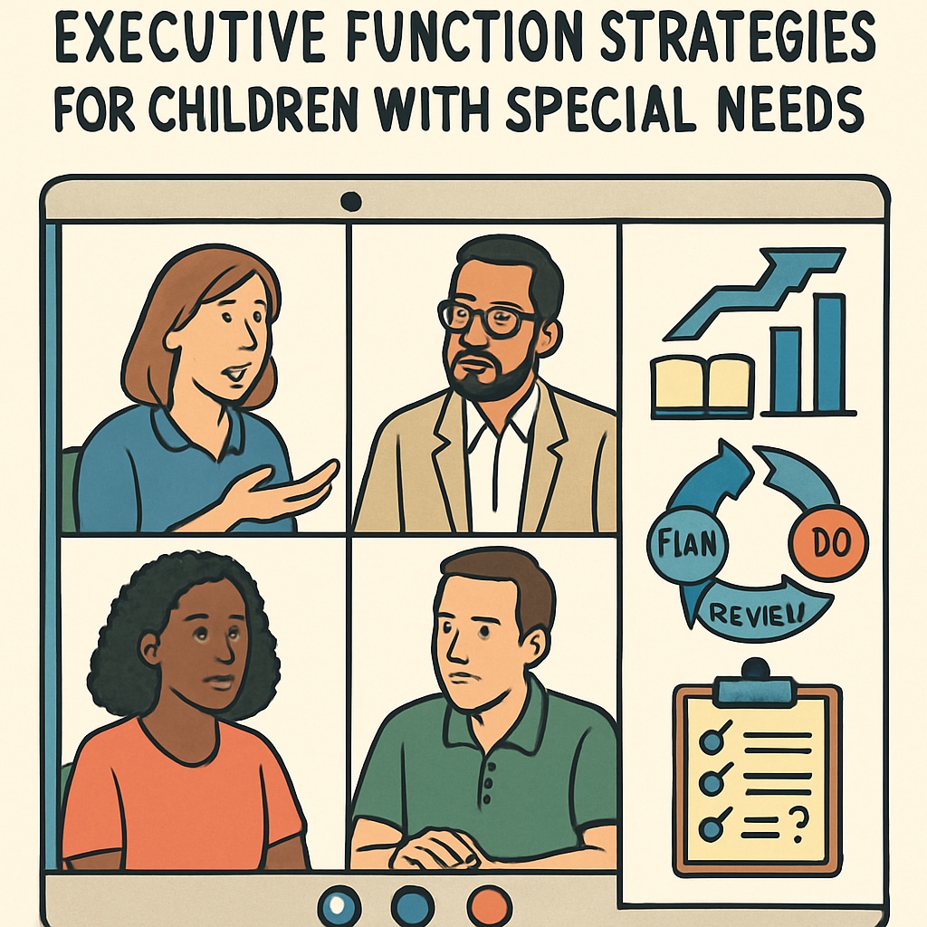 A virtual conference session showing parents and experts discussing executive function strategies for children with special needs. Virtual summit on executive function strategies for children with special needs.
