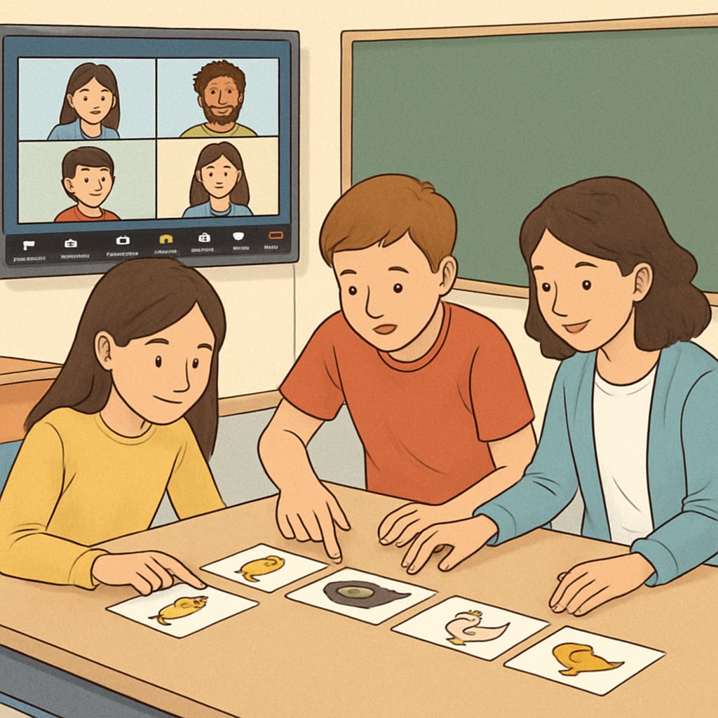 A classroom of students participating in a Zoom activity, arranging picture cards to form a sequence. Students collaborating in a Zoom activity to arrange pictures in the correct sequence.
