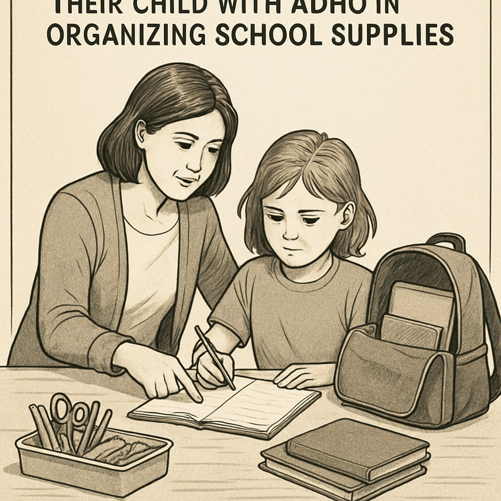 A supportive parent helping their child with ADHD organize school supplies, demonstrating executive function training techniques. Parent assisting ADHD child with executive function strategies.