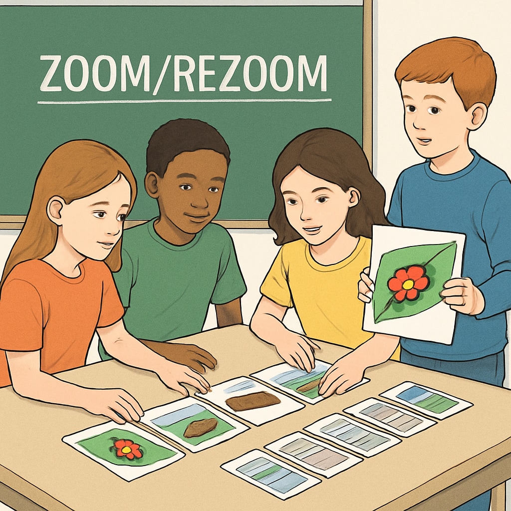 A detailed illustration showing students engaged in a Zoom/ReZoom activity, with visual aids and sequencing cards spread across a classroom table. Students engaging in Zoom/ReZoom activities with sequencing cards.