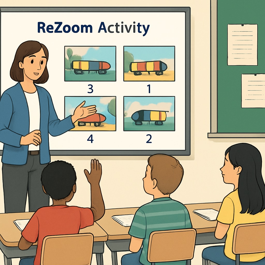 A teacher using a digital slide to guide students in restoring the correct sequence during a ReZoom activity. Teacher demonstrating the correct sequence of a ReZoom activity using a digital slide.