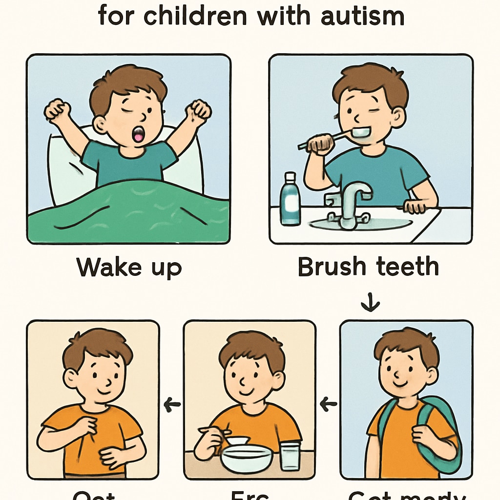 A visual chart showing a morning routine designed for children with autism, illustrating an executive function tool. Autism morning routine visual chart for executive function.