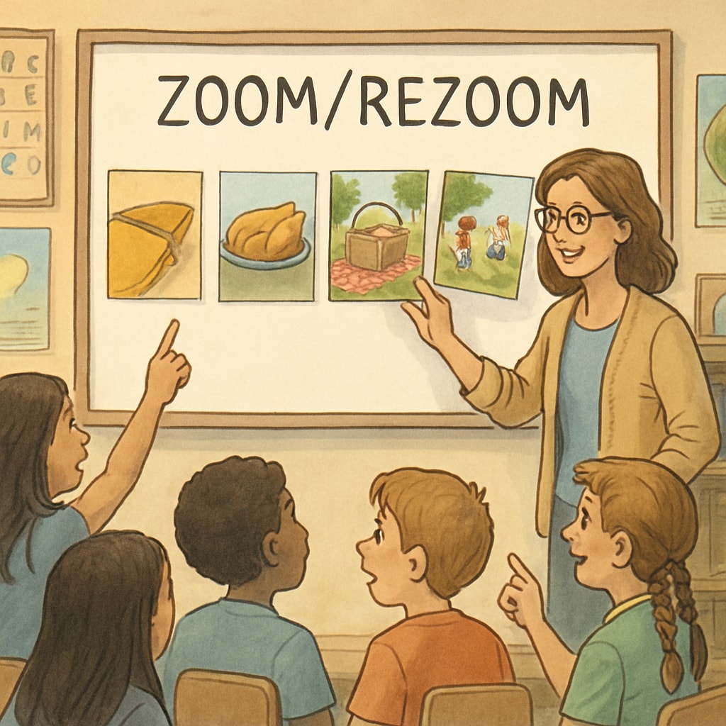 A classroom scene where a teacher organizes Zoom/ReZoom cards into the correct sequence on a whiteboard, with students actively participating. Teacher and students organizing Zoom/ReZoom activity cards in the proper sequence.
