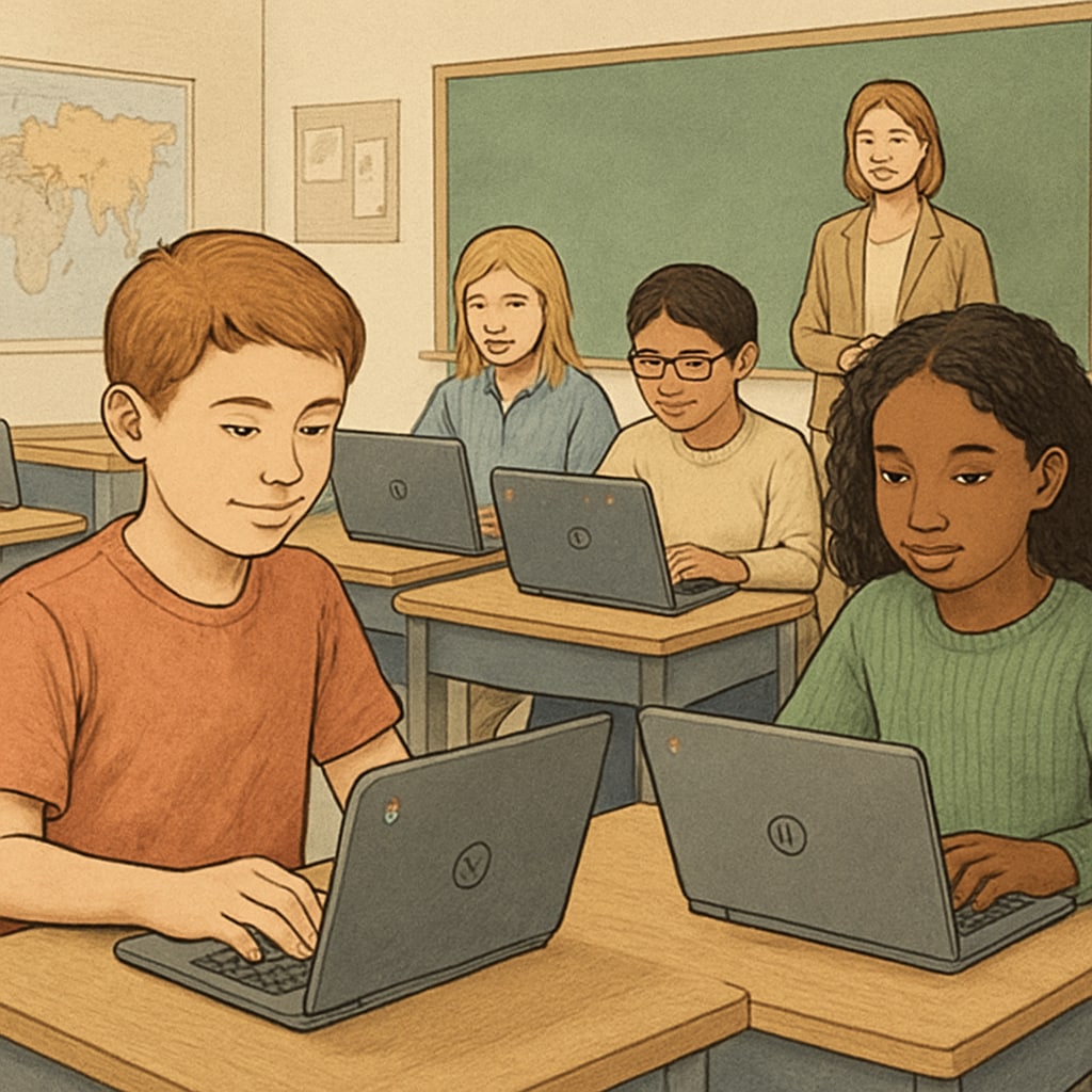 A classroom with students using Chromebooks, illustrating the prevalence of EdTech in modern education. Students in a classroom using Chromebooks, showcasing EdTech integration.
