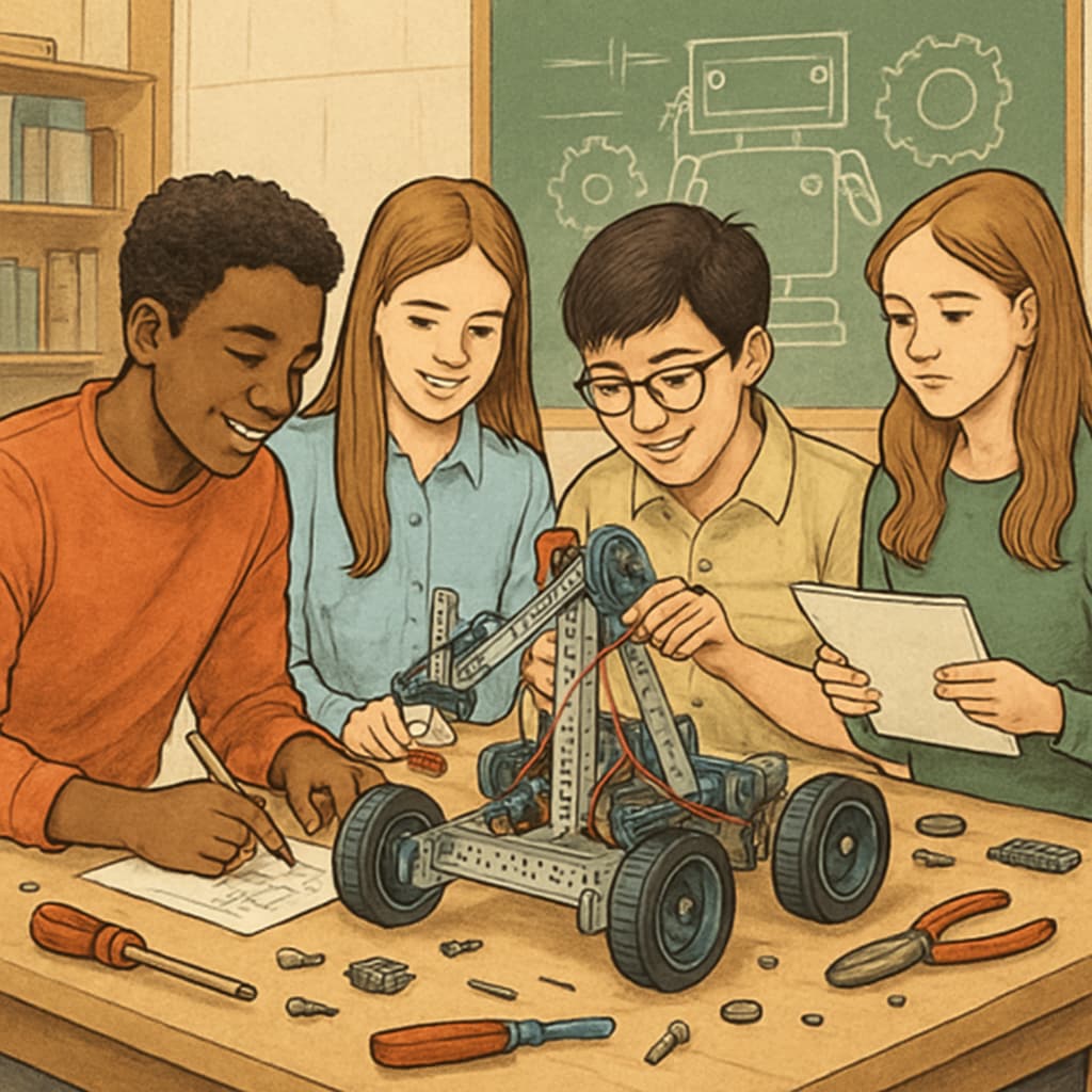 A group of high school students working collaboratively on a robotics project, emphasizing early exposure to design engineering concepts. High school students working on a robotics project related to design engineering.