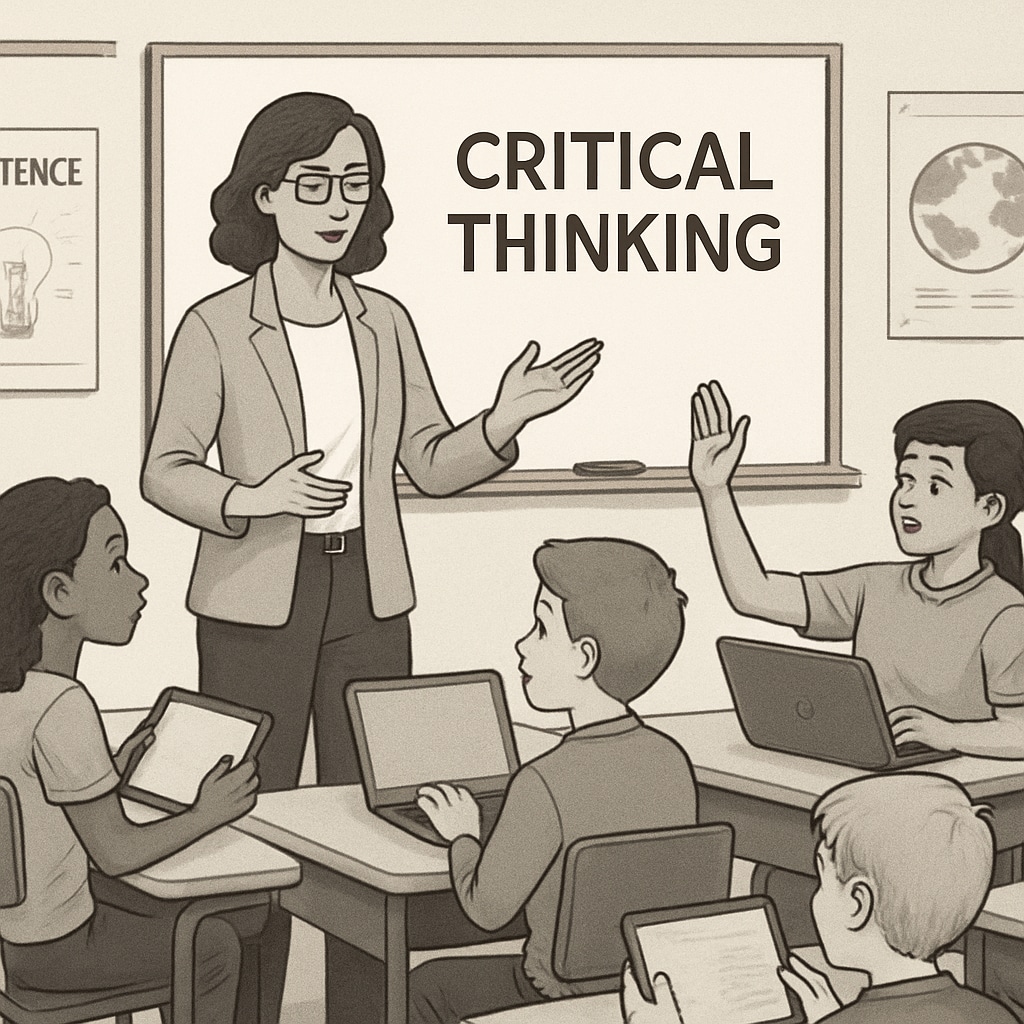 A teacher facilitating a discussion in a technology-integrated classroom, emphasizing the importance of critical thinking. Teacher leading a discussion with students in a tech-enabled classroom.