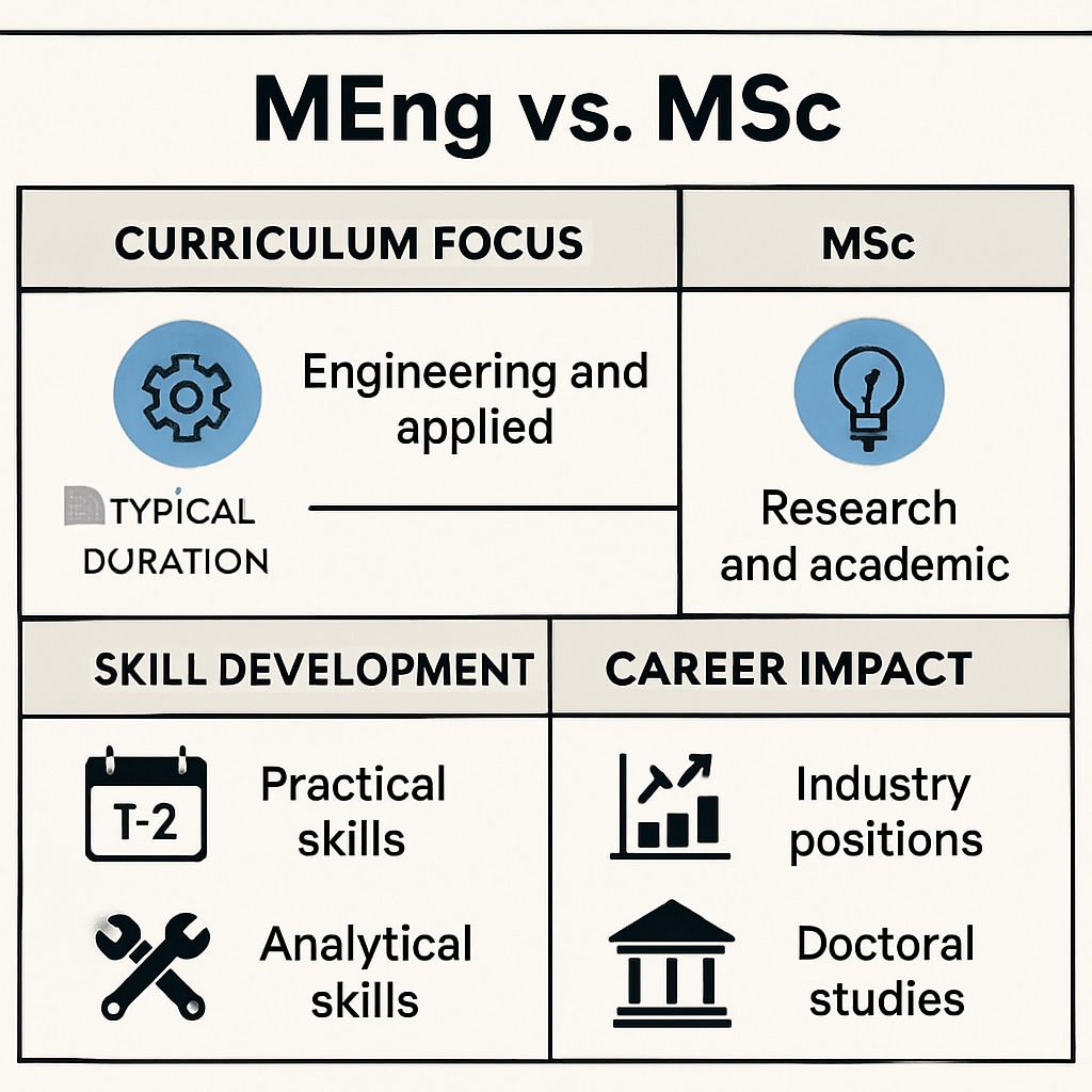 A visual comparison chart detailing the differences between MEng and MSc degrees, highlighting their career impacts. Chart comparing MEng and MSc degrees for design engineering career pathways.