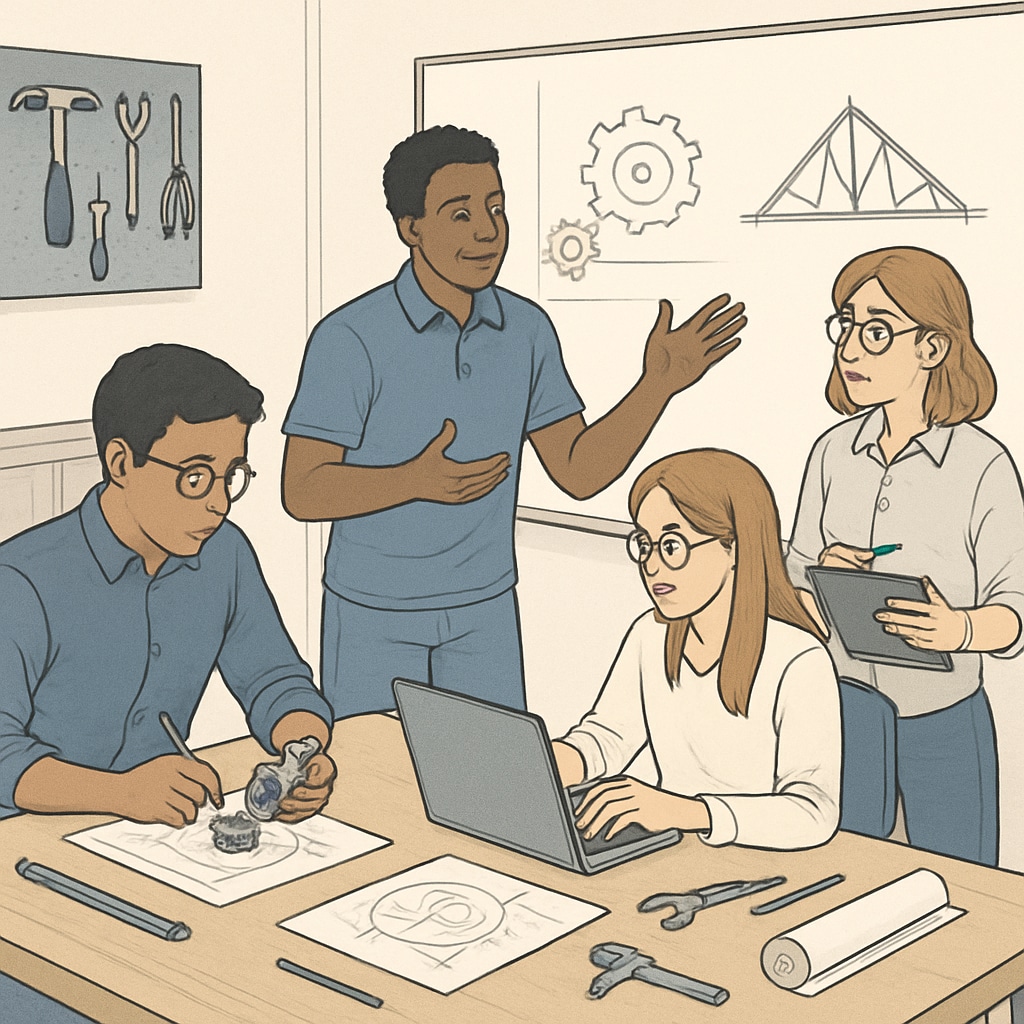 A group of MSc students collaborating on a design engineering project, emphasizing teamwork and advanced problem-solving skills. MSc students collaborating on design engineering projects.