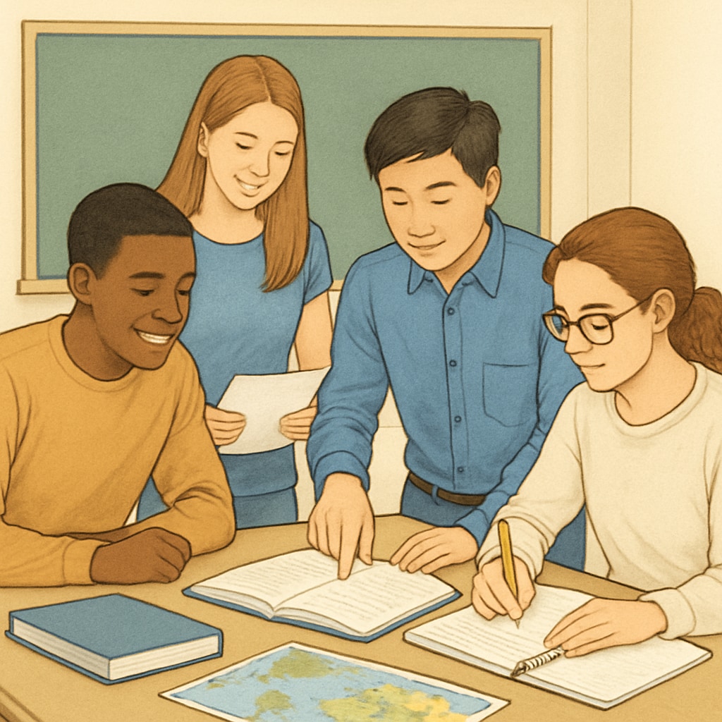 A diverse group of high school students engaged in a collaborative project, symbolizing teamwork and preparation for future study abroad. High school students preparing for study abroad through group activities.