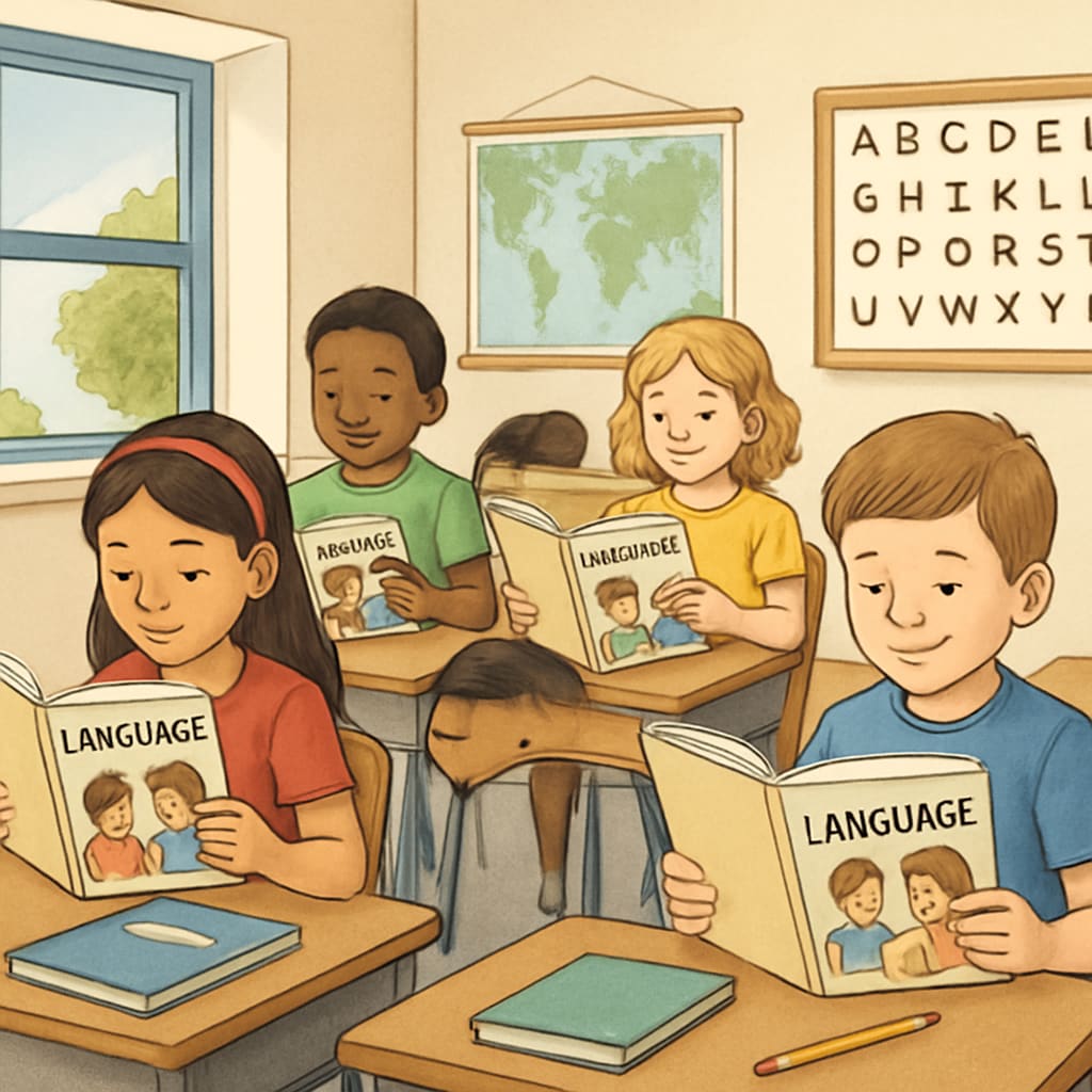 A vintage-style classroom with children reading language textbooks at their desks. A nostalgic image of children using the