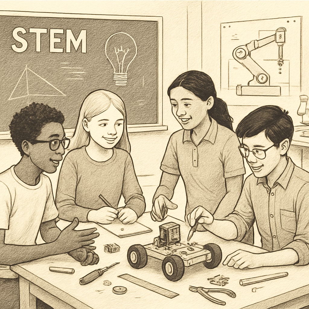 A group of students working collaboratively on a STEM project in a classroom setting, emphasizing teamwork and problem-solving. Students collaborating on a STEM project, showcasing engineering design thinking.