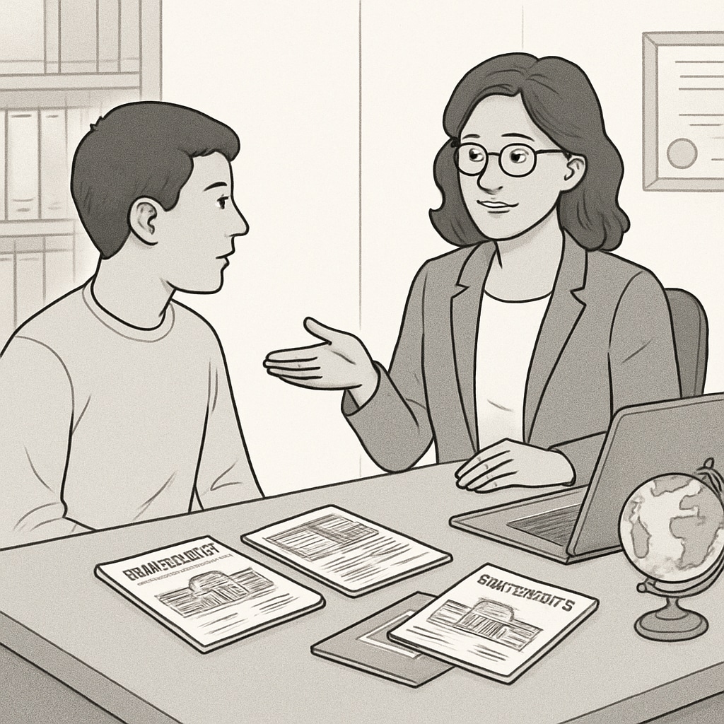 A student consulting with an education advisor, reviewing university brochures and planning for international study. Education advisor and student discussing plans for international graduate studies.