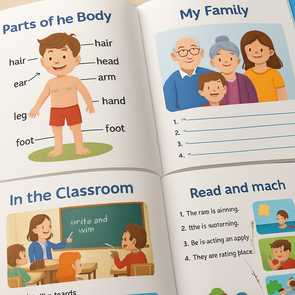 A close-up of a colorful language textbook with illustrations and activities. A detailed view of an illustrated