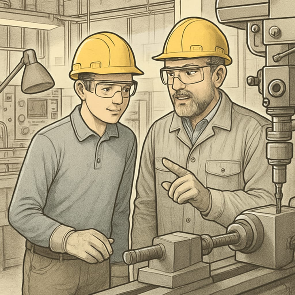 A high school student shadowing an engineer at a manufacturing facility, gaining real-world career insights. Student shadowing an engineer, learning about career opportunities in engineering.