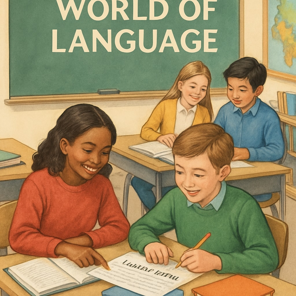 Students in a classroom setting, working together on a language exercise inspired by Classroom scene of students collaborating on a