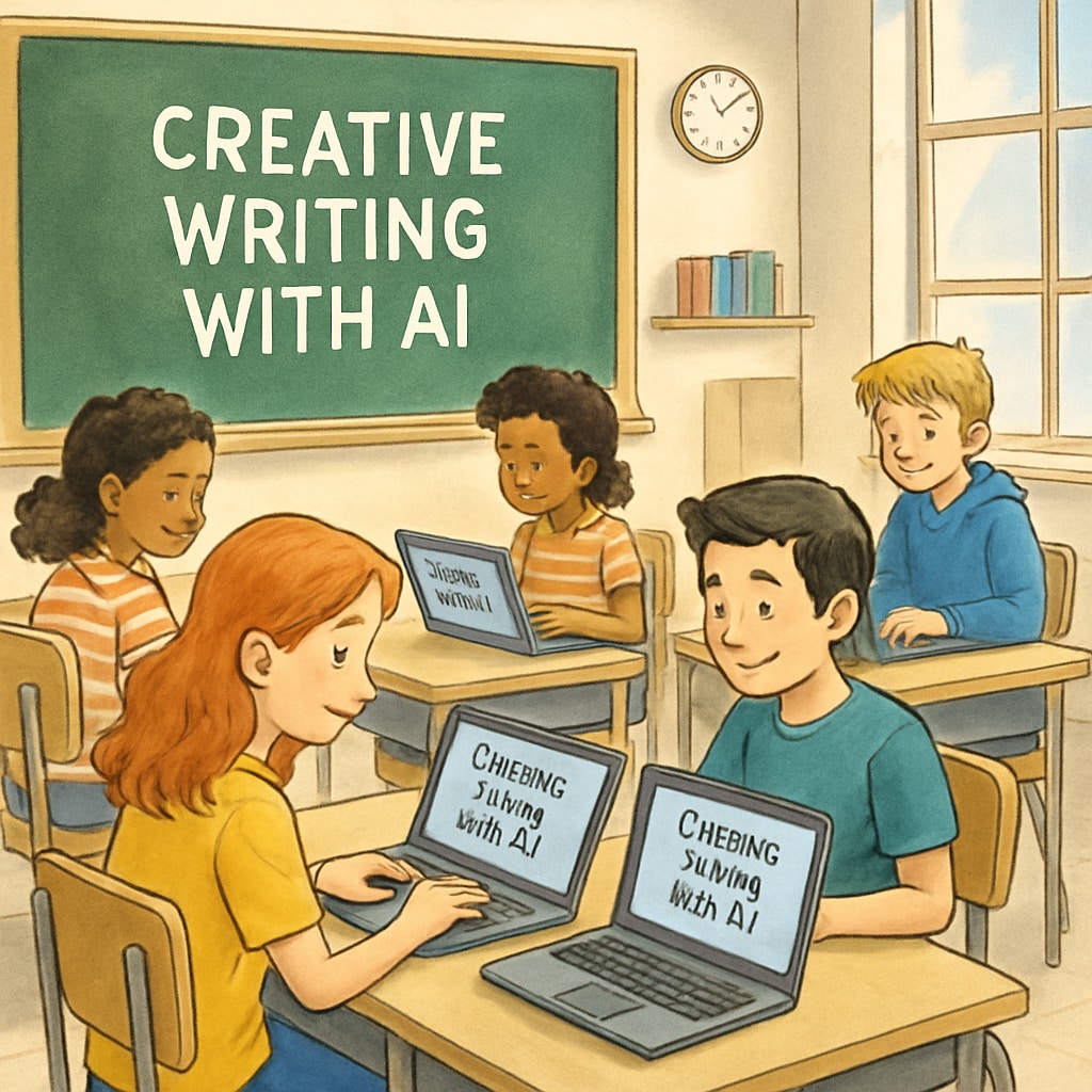 A classroom setting with students using laptops to engage in AI-driven creative writing exercises. Students using AI tools for media literacy and creative writing education.