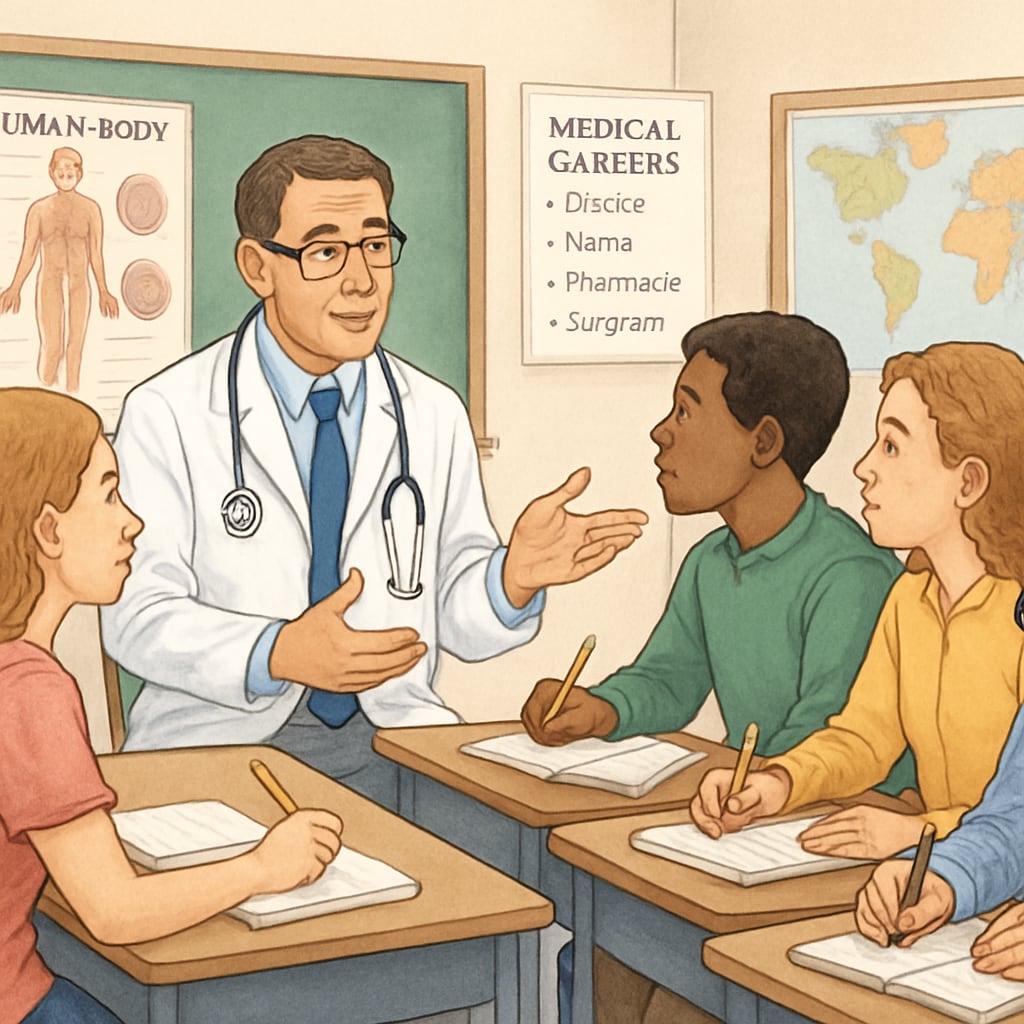 High school students discussing medical career paths with a doctor.