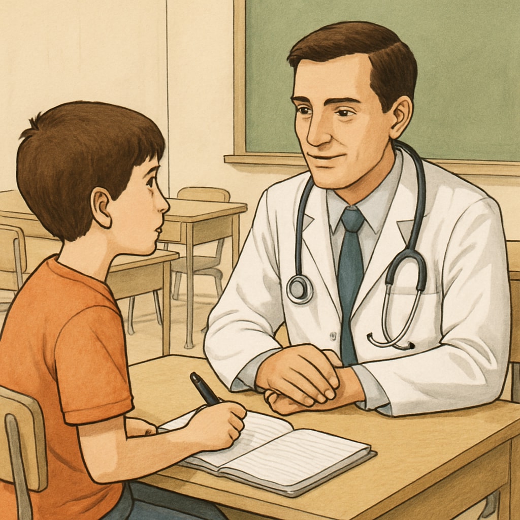 A student interviewing a medical professional in a school setting for a career exploration project. A student conducting an interview with a doctor as part of a school project.