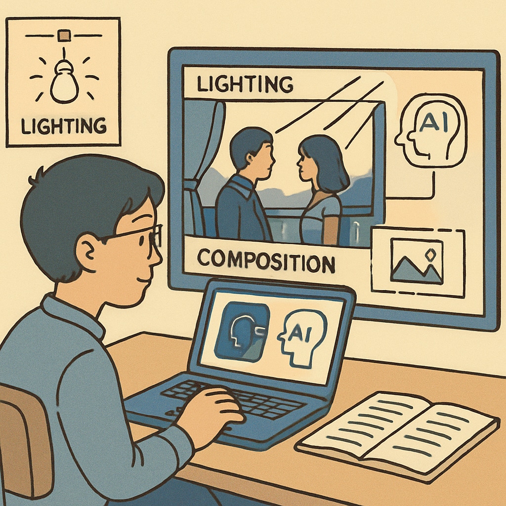 A student analyzing a movie scene with AI-powered tools that highlight visual elements like lighting and composition. AI tools helping students analyze visual storytelling in films.